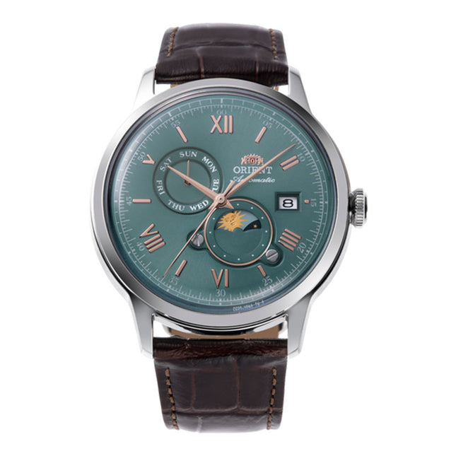 Orient Classic RA-AK0805E Bambino Automatic Sun & Moon Green Dial Brown Leather Strap