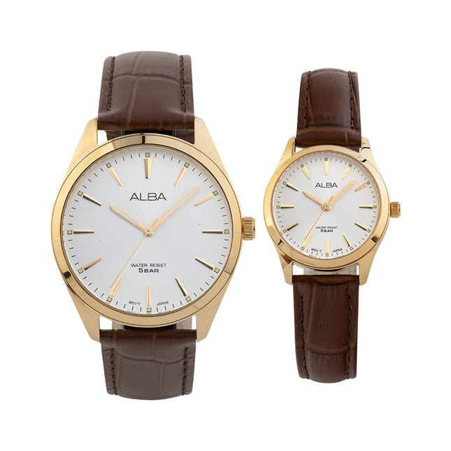 Alba ARX142X1_ARX124X1 Couple Silver Dial Brown Leather Strap