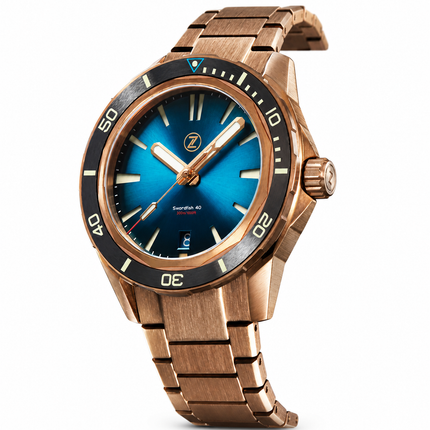 Zelos Swordfish 40mm blue dial bronze bracelet