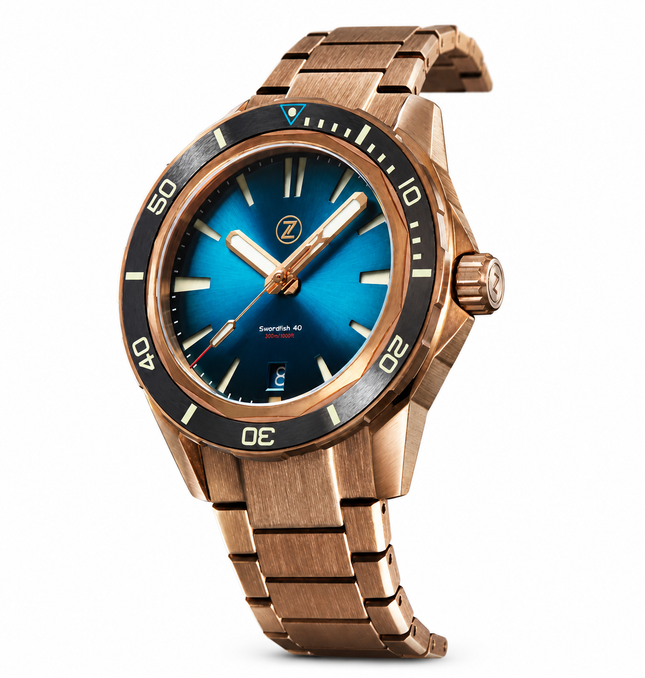 Zelos Swordfish 40mm blue dial bronze bracelet