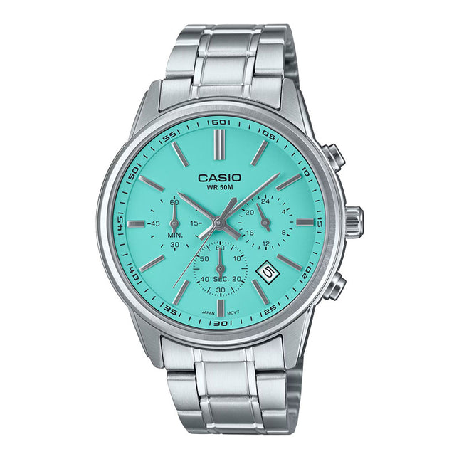 Casio General MTP-E515D-2A2VDF Chronograph Men Baby Blue Dial Stainless Steel Band