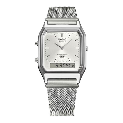 Casio General AQ-230EM-7ADF Vintage White Digital Analog Dial Stainless Steel Mesh Band