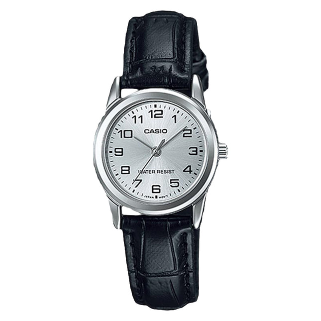 Casio General LTP-V001L-7BUDF Ladies Silver Dial Black Leather Band