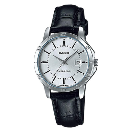 Casio General LTP-V004L-7AUDF Ladies Silver Dial Black Leather Band