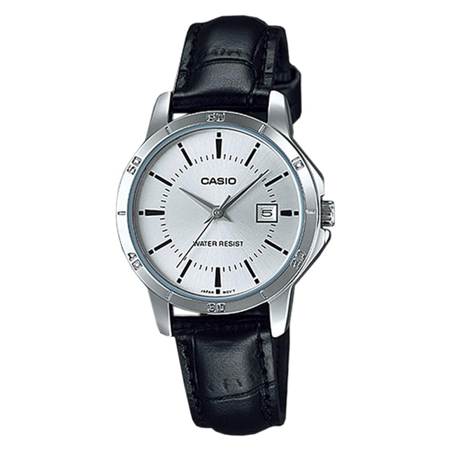 Casio General LTP-V004L-7AUDF Ladies Silver Dial Black Leather Band