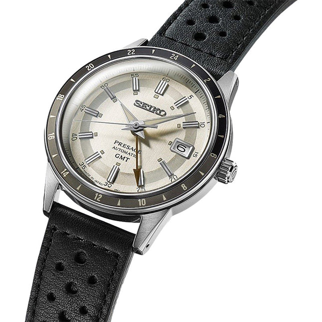Seiko Presage SSK011J1 Style60s Automatic GMT Grey Dial Black Leather Strap