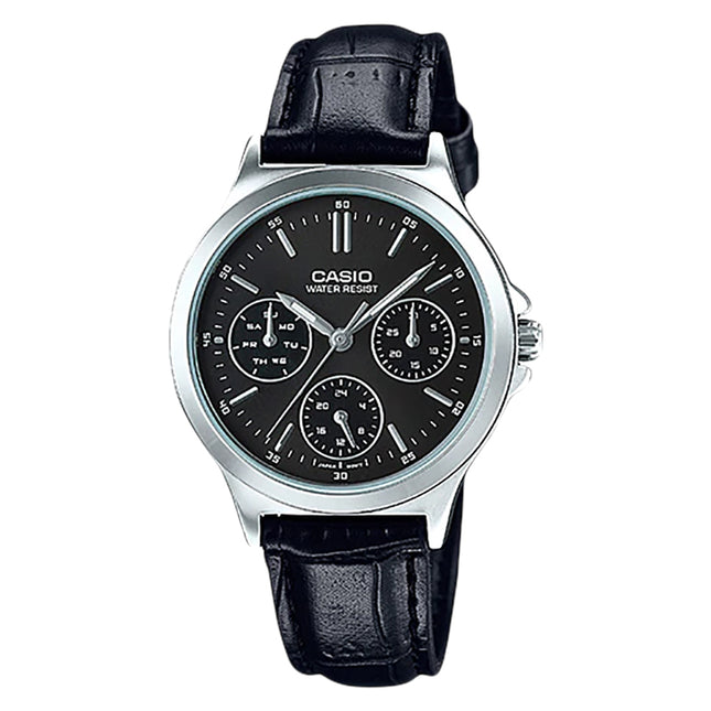 Casio General LTP-V300L-1AUDF Enticer Ladies Black Dial Black Leather Band