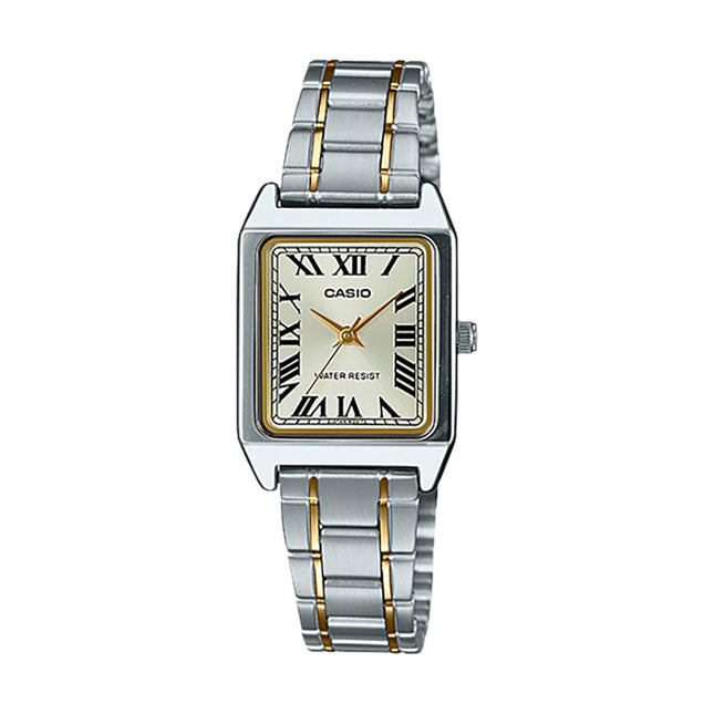 Casio General LTP-V007SG-9BUDF Tank Ladies Analog Beige Dial Dual Tone Stainless Steel Band