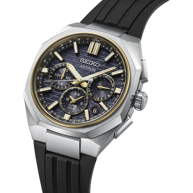 Seiko Astron HAB003J1 GPS Solar Dual Time Chronograph Titanium Black Dial Black Silicone Strap