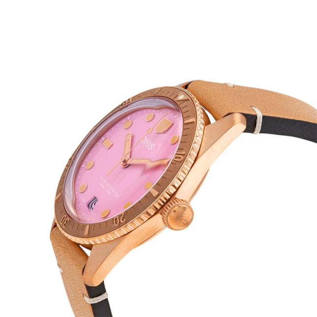 Oris Divers Sixty-Five 01-733-7771-3158-07-5-19-04BR Cotton Candy L. Pink Dial Brown Leather Strap