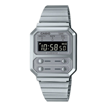 Casio General A100WE-7BDF Illuminator Vintage Digital Silver Dial Stainless Steel Band