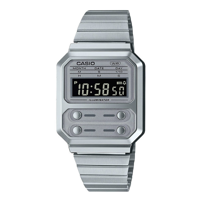 Casio General A100WE-7BDF Illuminator Vintage Digital Silver Dial Stainless Steel Band