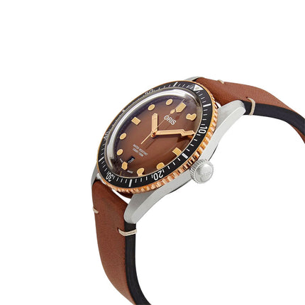 Oris Diver 01-733-7707-4356-07-5-20-45 Sixty-Five Date Brown Dial Brown Leather Strap