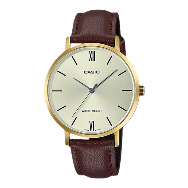 Casio General LTP-VT01GL-9BUDF Ladies Champagne Dial Dark Brown Leather Band