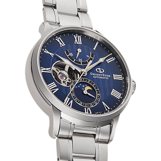 Orient Star Classic RE-AY0103L Automatic Men Open Heart Blue Dial Stainless Steel Strap