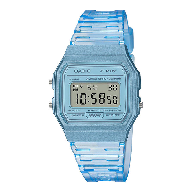 Casio General F-91WS-2DF Digital Dial Light Blue Clear Rubber Band