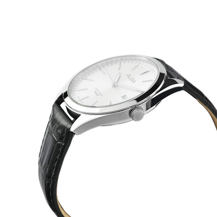 Alba Prestige AS9S29X1 Men Silver White Dial Black Leather Strap