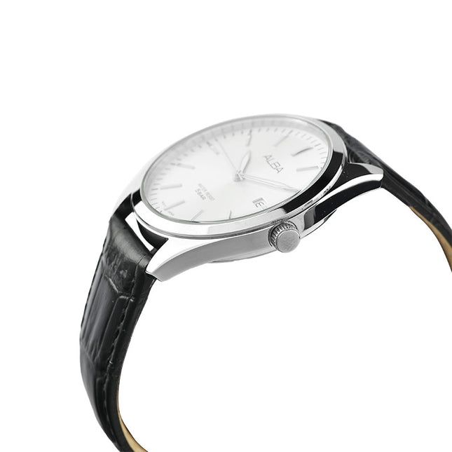 Alba Prestige AS9S29X1 Men Silver White Dial Black Leather Strap