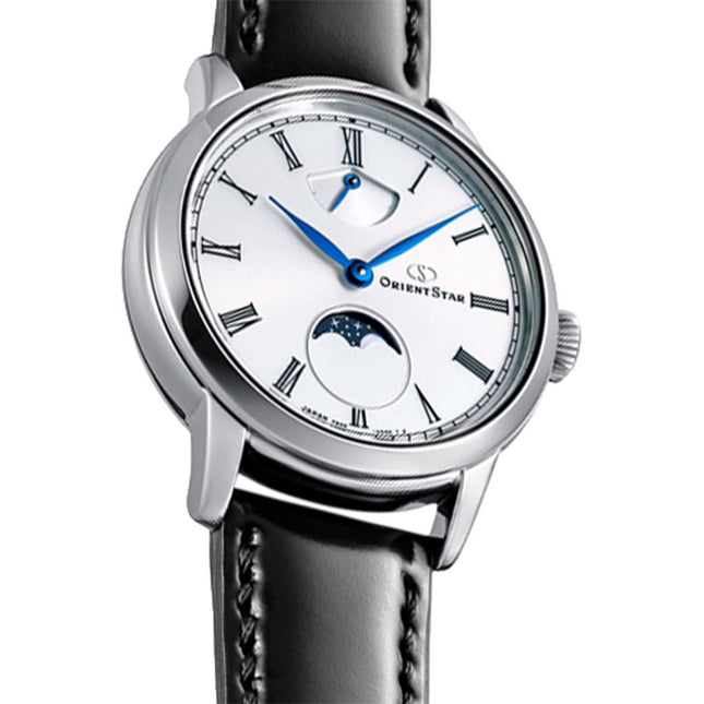 Orient Star M45 F8 RE-BW0004S Mechanical Moon Phase Hand Winding White Dial Black Leather Strap 