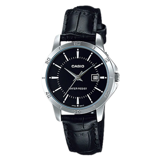 Casio General LTP-V004L-1AUDF Ladies Black Dial Black Leather Band