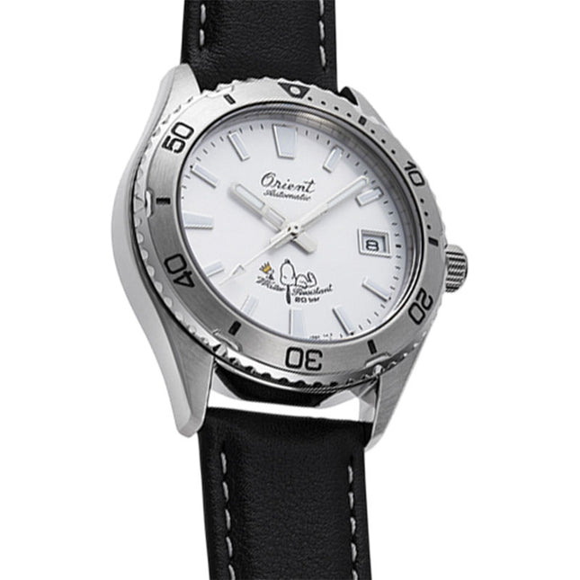 Orient Mako 40 RA-AC0Q08S Peanuts 75th Anniversary White Dial Black Leather Strap Limited Edition 