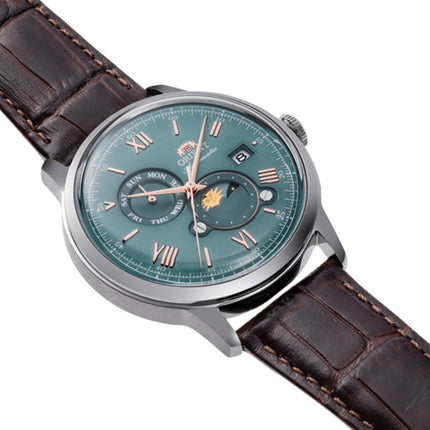 Orient Classic RA-AK0805E Bambino Automatic Sun & Moon Green Dial Brown Leather Strap