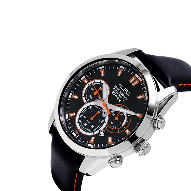 Alba Active AT3H65X1 Chronograph Men Black Dial Black Leather Strap