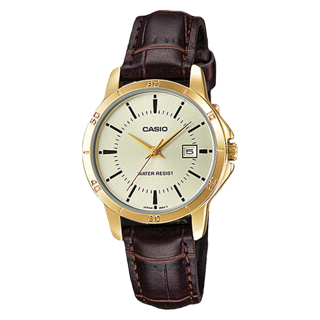 Casio General LTP-V004GL-9AUDF Ladies Champagne Dial Brown Leather Band