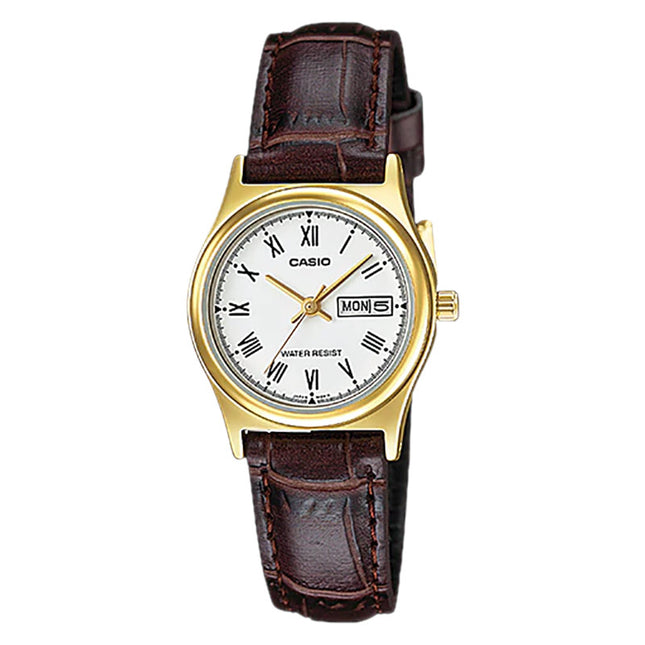 Casio General LTP-V006GL-7BUDF Ladies Analog White Dial Brown Leather Band