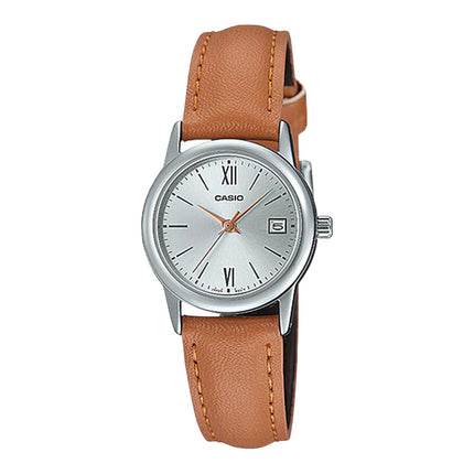 Casio General LTP-V002L-7B3UDF Ladies Silver Dial Tan Leather Band