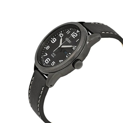Seiko Solar SNE477P1 Men Black Dial Black Leather Strap