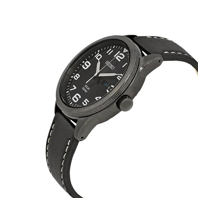 Seiko Solar SNE477P1 Men Black Dial Black Leather Strap