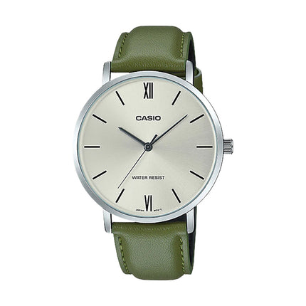Casio General MTP-VT01L-3BUDF Men Silver Dial Green Leather Band