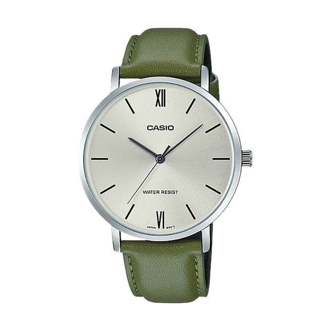 Casio General MTP-VT01L-3BUDF Men Silver Dial Green Leather Band