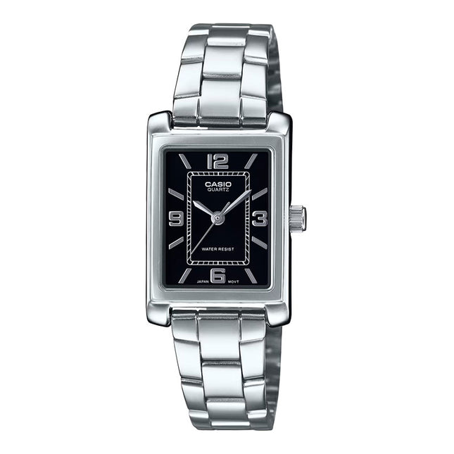 Casio General LTP-1234DD-1ADF Tank Ladies Black Dial Stainless Steel Band