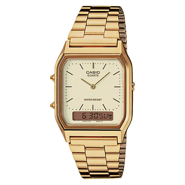 Casio General AQ-230GA-9DMQ Vintage Edgy Collection Digital Analog Dial Gold Stainless Steel Band