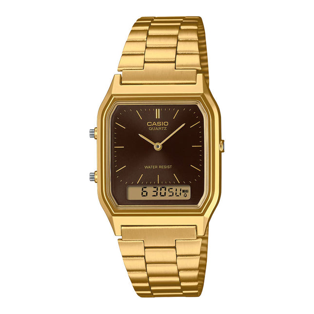 Casio General AQ-230GA-5AMQYDF Vintage Edgy Collection Digital Analog Brown Dial Gold St Steel Band