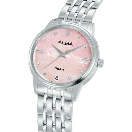 Alba Fashion AG8Q79X1 Ladies Analog Pink Mother of Pearl Dial Stainless Steel Strap