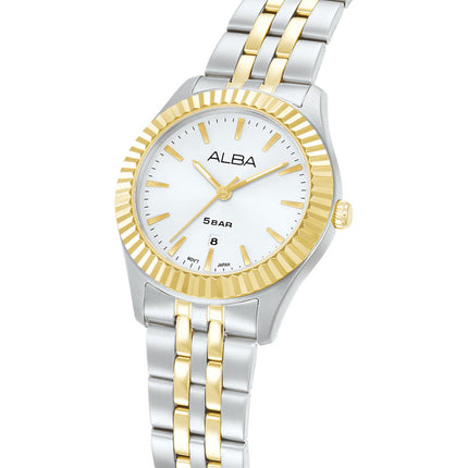 Alba Fashion AH7FF8X1 Ladies Analog Silver Dial Dual Tone Stainless Steel Strap