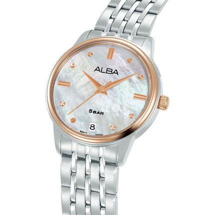 Alba Fashion AG8Q74X1 Ladies Analog White Mother of Pearl Dial Stainless Steel Strap