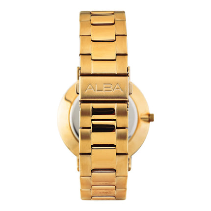 Alba Prestige AS9K08X1 Men White Pattern Dial Gold Stainless Steel Strap
