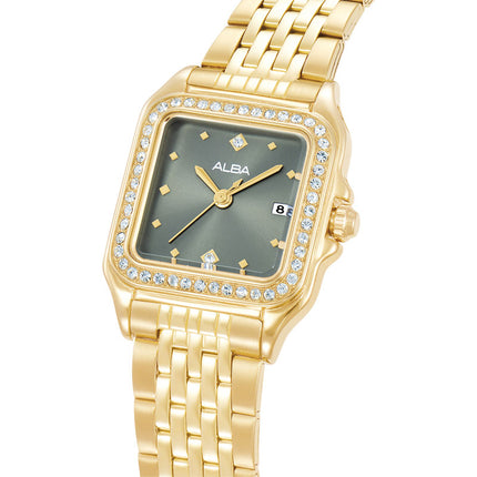 Alba Fashion AH7FE4X1 Ladies Analog Green Dial Gold Stainless Steel Strap