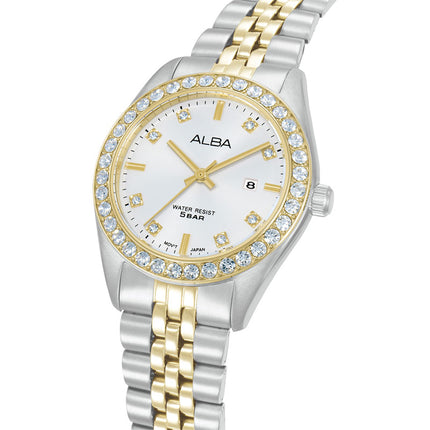 Alba Fashion AH7FD8X1 Ladies Analog Silver Dial Dual Tone Stainless Steel Strap