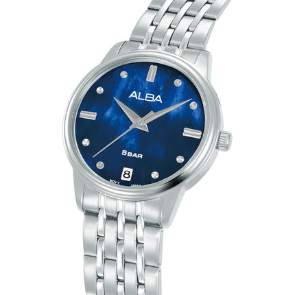 Alba Fashion AG8Q77X1 Ladies Analog Blue Mother of Pearl Dial Stainless Steel Strap