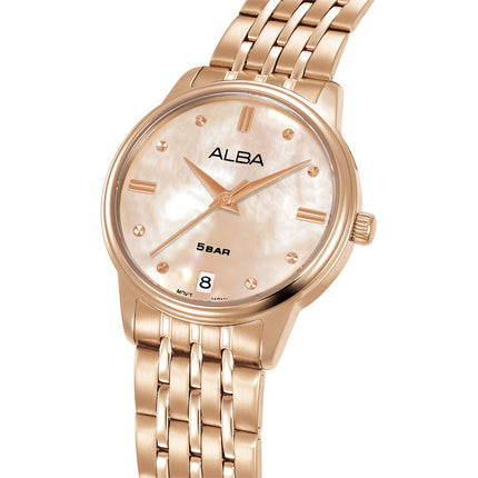 Alba Fashion AG8Q72X1 Ladies Analog Light Pink Mother of Pearl Dial Rose Gold Stainless Steel Strap