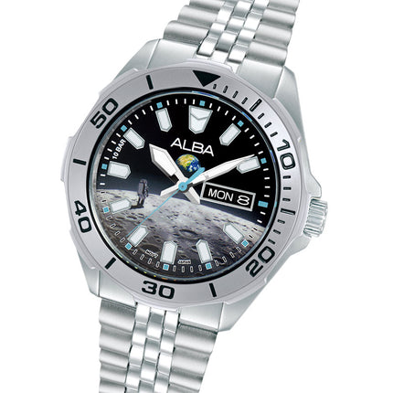 Alba Active Planet Series AV3591X2 Men Moon Graphic Dial Stainless Steel Strap