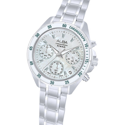 Alba Active AT3K97X1 Ladies Chronograph White Mother Of Pearl Dial Stainless Steel Strap