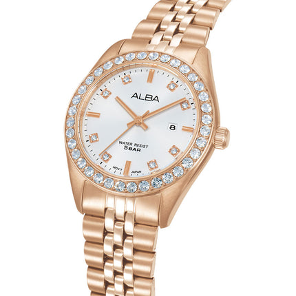 Alba Fashion AH7FD2X1 Ladies Analog Silver Dial Rose Gold Stainless Steel Strap
