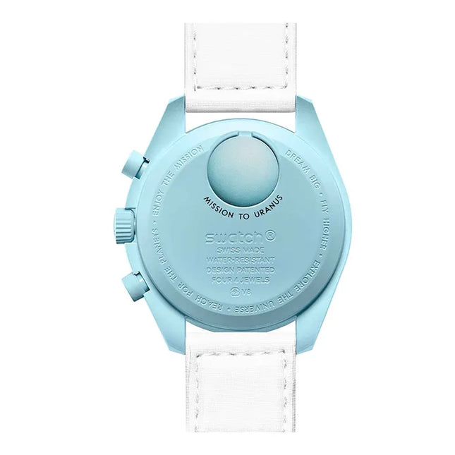Swatch X Omega Bioceramic Moonswatch SO33L100 Mission To Uranus Speedmaster Light Blue Dial White Velcro Strap