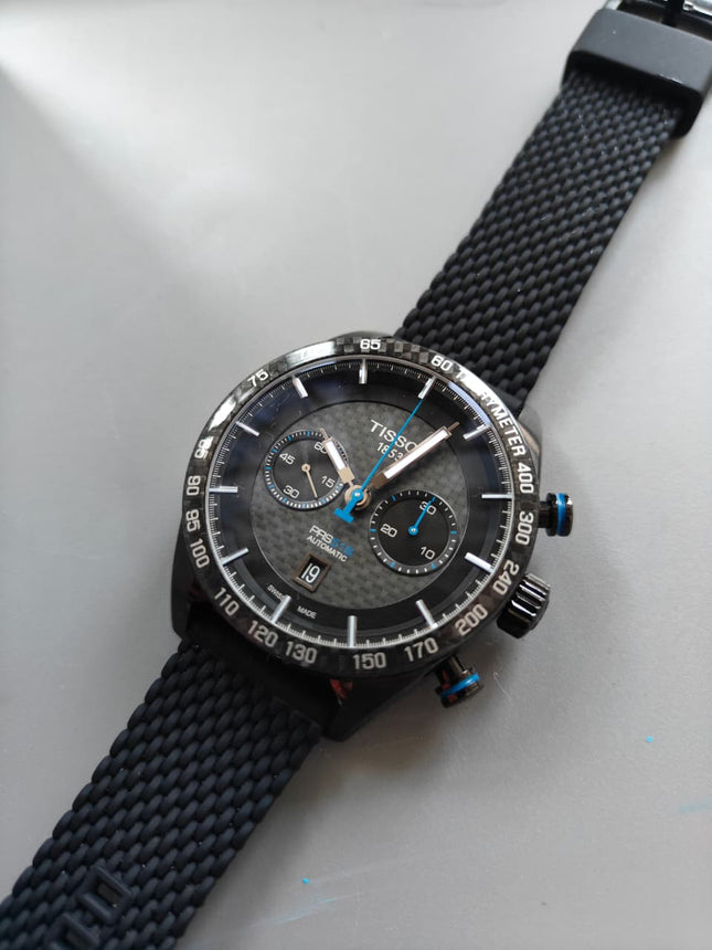 Preloved - Tissot PRS 516 45mm T-Sport T100.427.36.201.00 Automatic Chronograph Black Carbon Dial Leather Strap